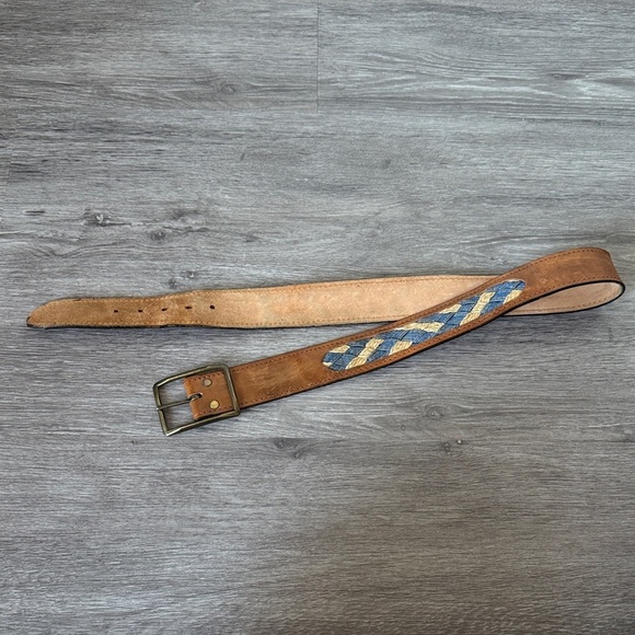 Accessories - Western Brown Leather Belt with Denim Woven Panel Accents